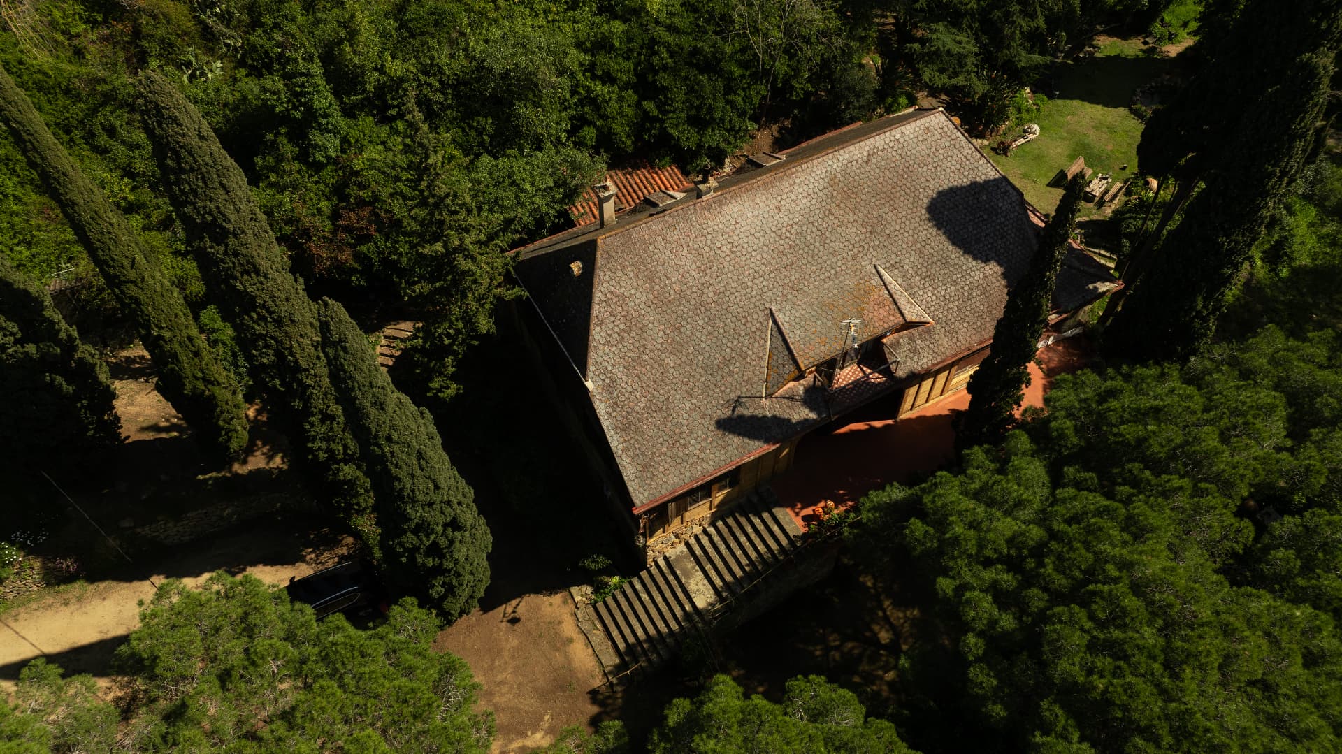 The wooden house of the Soul Sanctuary at dusk