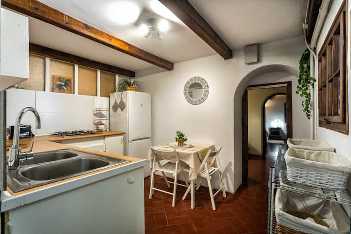 The fully equipped kitchen with dining table