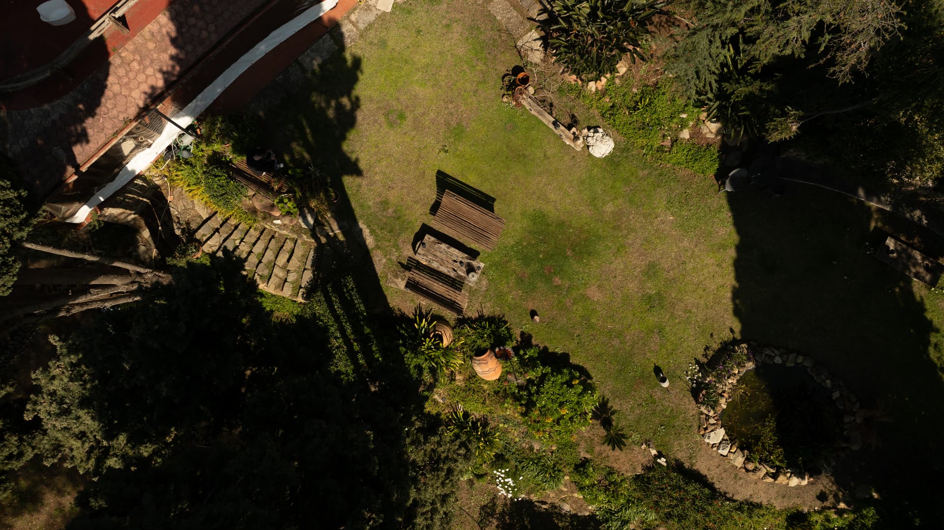 The garden and benches seen from above